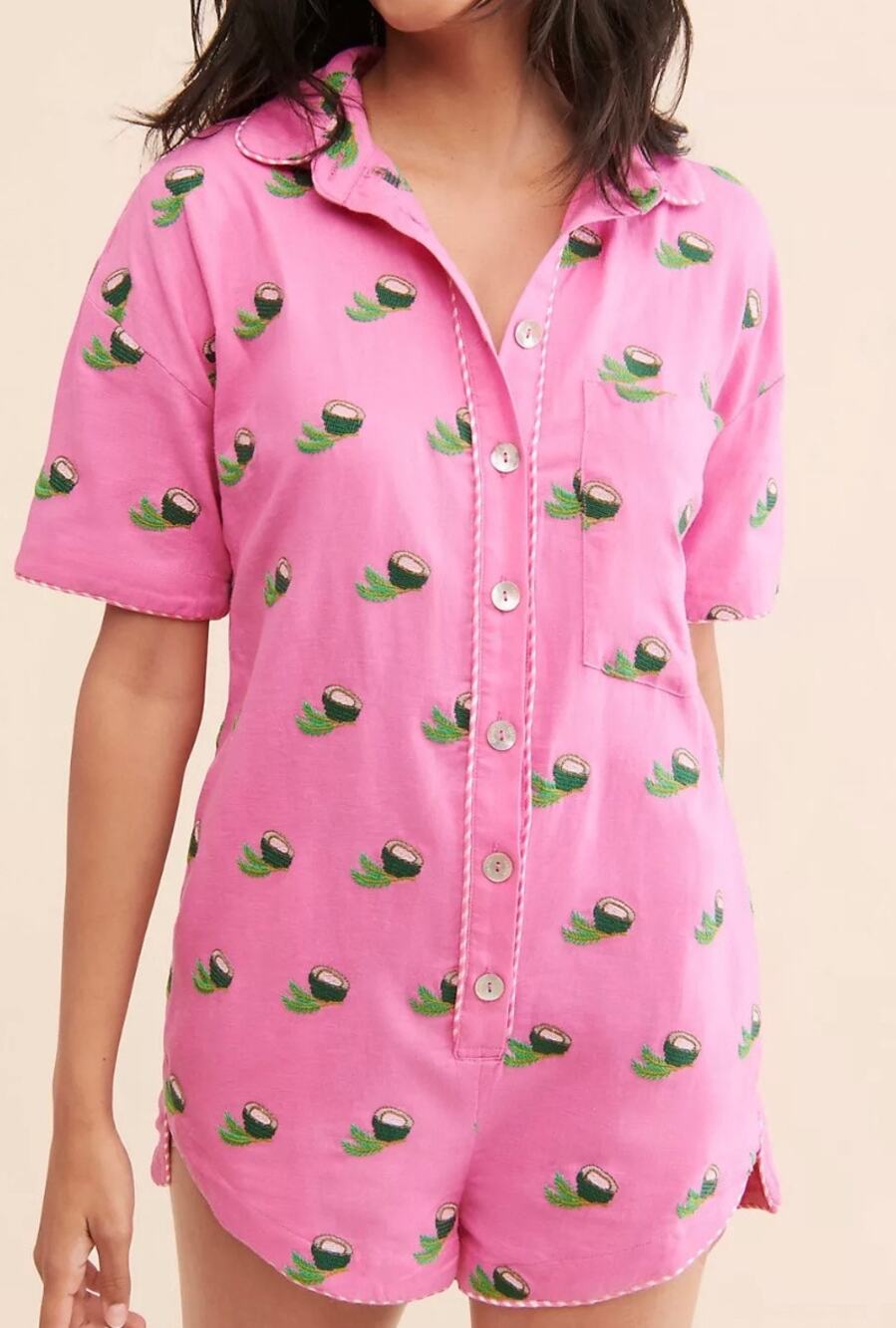 FARM Rio Pink Coconut Embroidered Romper Women XS Linen Blend Resort Boho